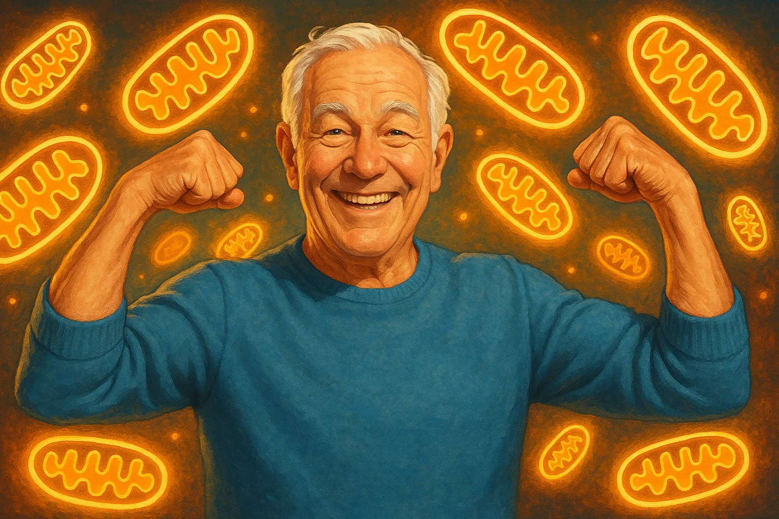 Smiling older man flexing his muscles with glowing mitochondria background
